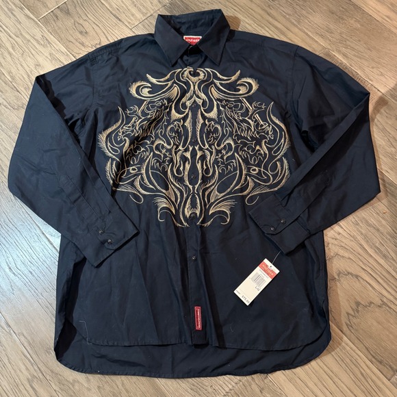 Tommy Hilfiger Other - NWT VTG‎ Tommy Hilfiger Red Label Men's L Black Gold Embroidered Button Up Shirt